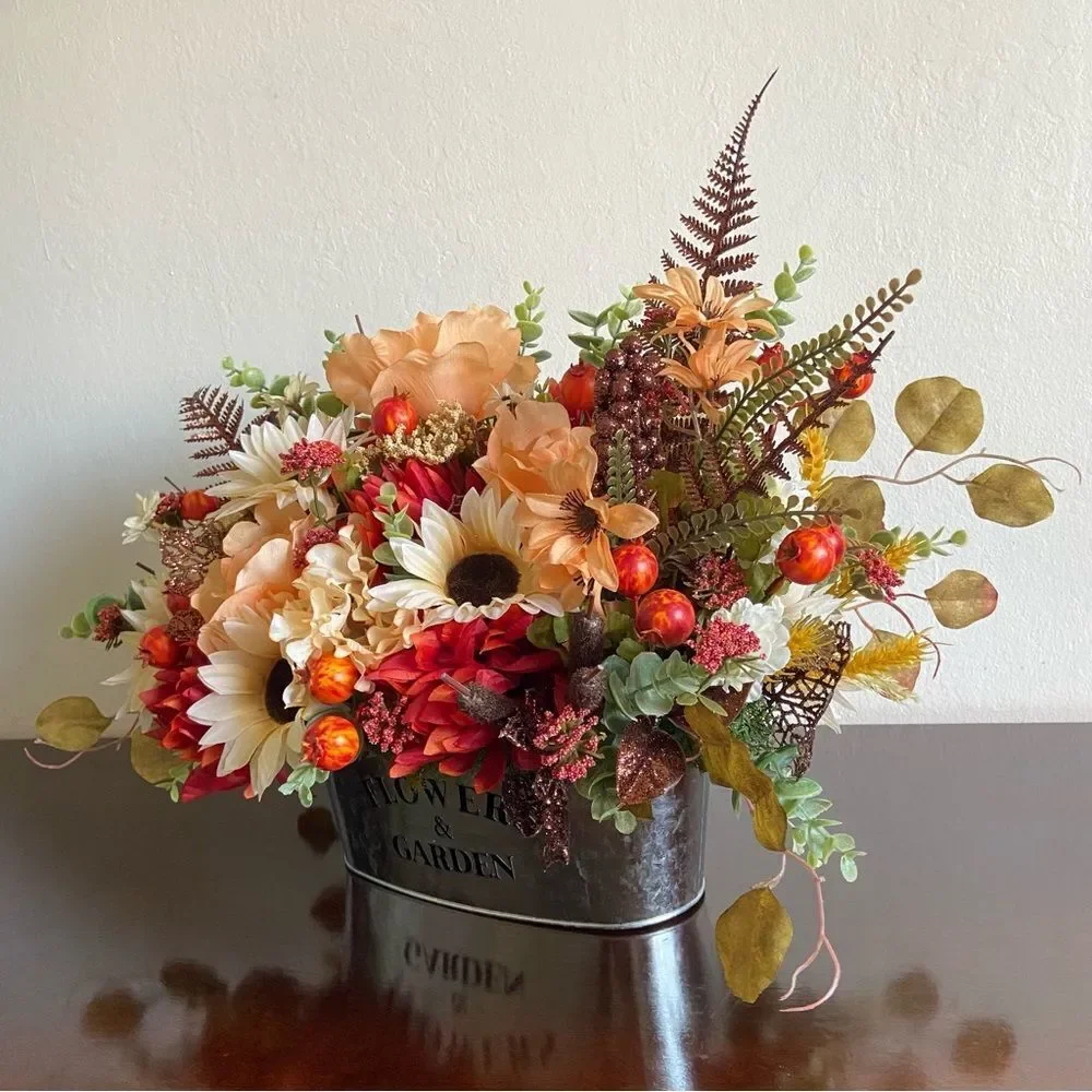 Faux Floral Bouquet With Peach Roses/Cream Sunflowers